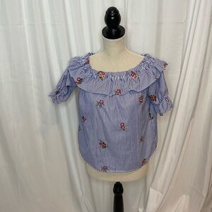 52 Active USA Blue & White Stripe Cold Shoulder Ruffle Floral Cottagecore Top M